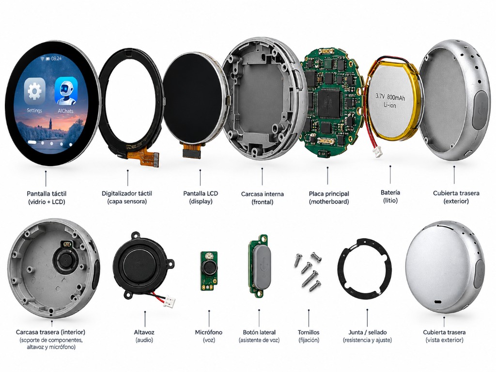 Despiece del hardware ESP32-S3: pantalla, placa, batería y carcasa